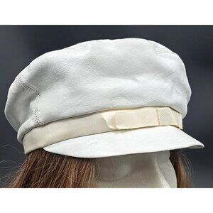 Saks Fifth Avenue Vintage White Leather Greek Fisherman Cap Newsboy Hat USA Made